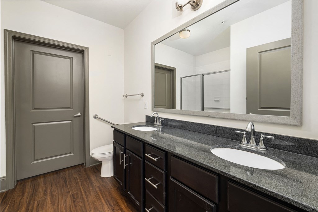 a bathroom with two sinks and a mirror and a toilet
