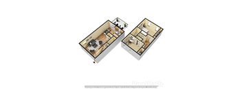 Two Bedroom Town 3D Floor Plan at Walnut Creek Apartments, Kokomo, IN, 46902