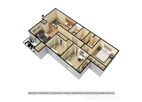 3  Bed   2  Bath   1,062 Sq. Ft. Floor Plan at Walnut Creek Apartments, Kokomo, IN
