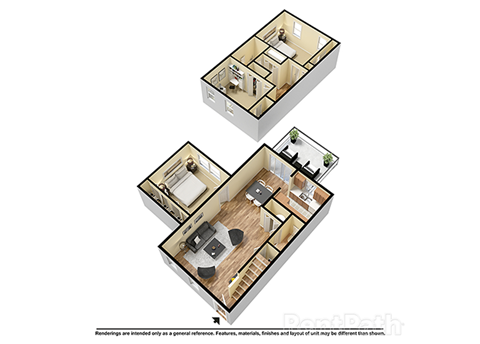 3  Bed   1.5  Bath   1,248 Sq. Ft. Town 3D Floor Plan at Walnut Creek Apartments, Kokomo, IN