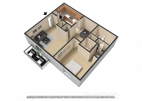 1 Bedroom 1.5 Bath 710 Sq. Ft.3D Floor Plan at Waterstone Place Apartments, Indiana
