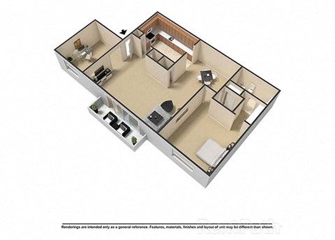 1 Bedroom 1.5 Baths 886 Sq. Ft. Plus Den 3D Floor Plan at Waterstone Place Apartments, Indianapolis, 46229