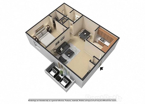 1 Bedroom 1 Bath 686 Sq. Ft 3D Floor Plan at Waterstone Place Apartments, Indianapolis, Indiana