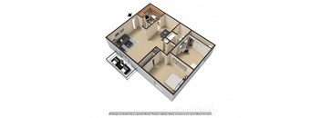 2 Bedroom 1 Bath 3D Floor Plan at Waterstone Place Apartments, Indiana, 46229