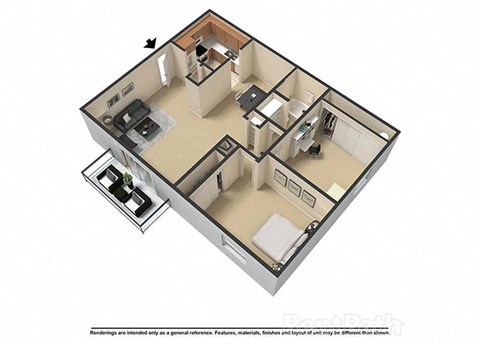 2 Bedroom 1 Bath 910 Sq. Ft 3D Floor Plan at Waterstone Place Apartments, Indiana, 46229