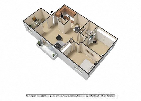 2 Bedroom 1 Bath 993 Sq. Ft Plus Den 3D Floor Plan at Waterstone Place Apartments, Indianapolis, IN, 46229
