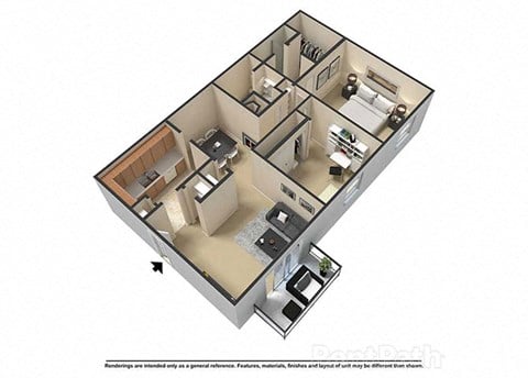 2 Bedroom 2 Bath 1,072 Sq. Ft 3D Floor Plan at Waterstone Place Apartments, Indianapolis, IN