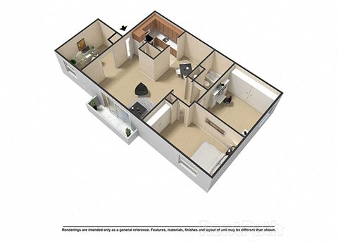 3 Bedroom 1 Bath 1,006 Sq. Ft. 3D Floor Plan at Waterstone Place Apartments, Indiana, 46229