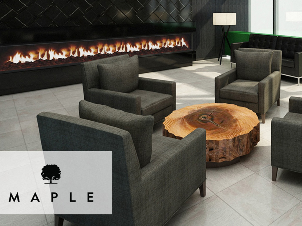 a living room with chairs and a table in front of a fireplace