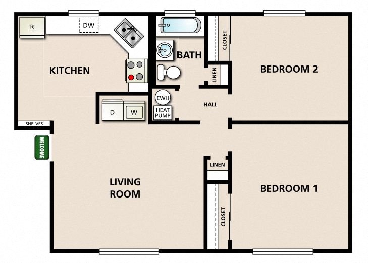 2 Bedroom 1 Bathroom Floor Plan 1