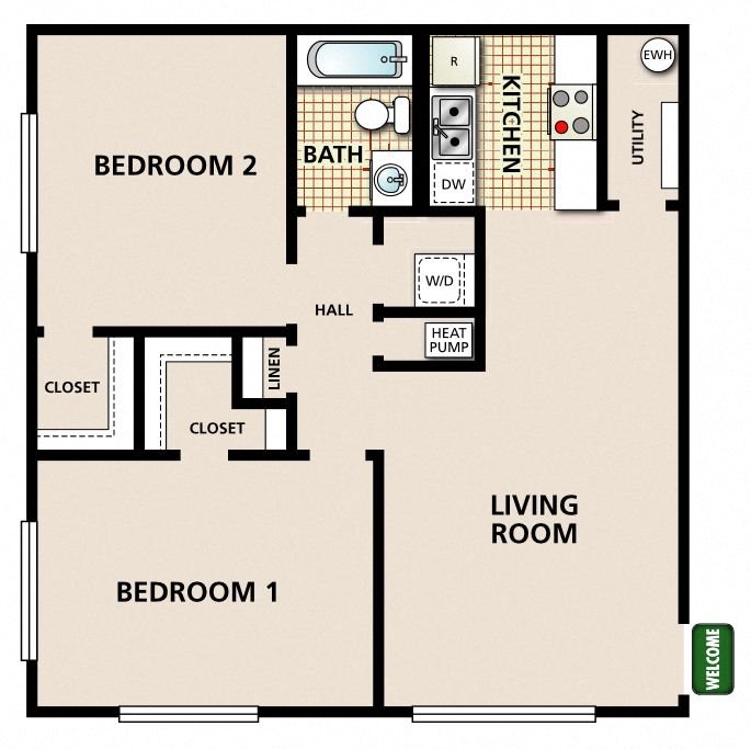 2 Bedroom 1 Bathroom A Floor Plan 2