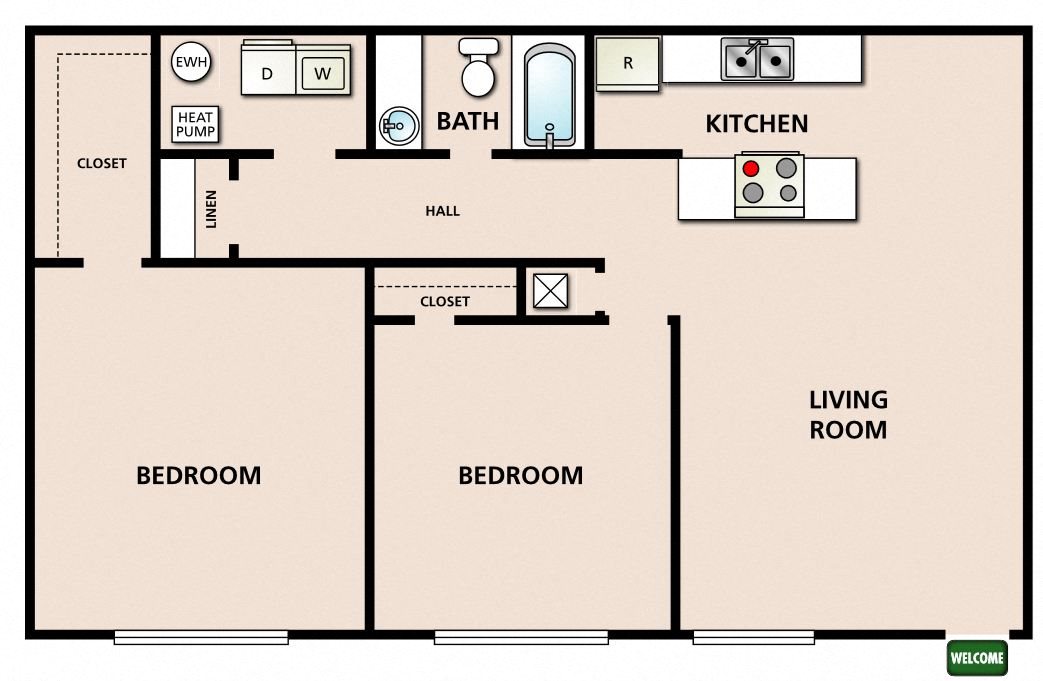 2 Bedroom 1 Bathroom B Floor Plan 3