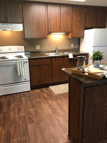 a kitchen with a stove and a sink