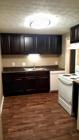 a kitchen with black cabinets and a white stove