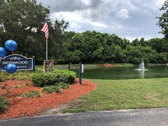 a view of a pond with a sign and a fountain