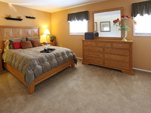 A bedroom with a bed, dresser, and mirror.