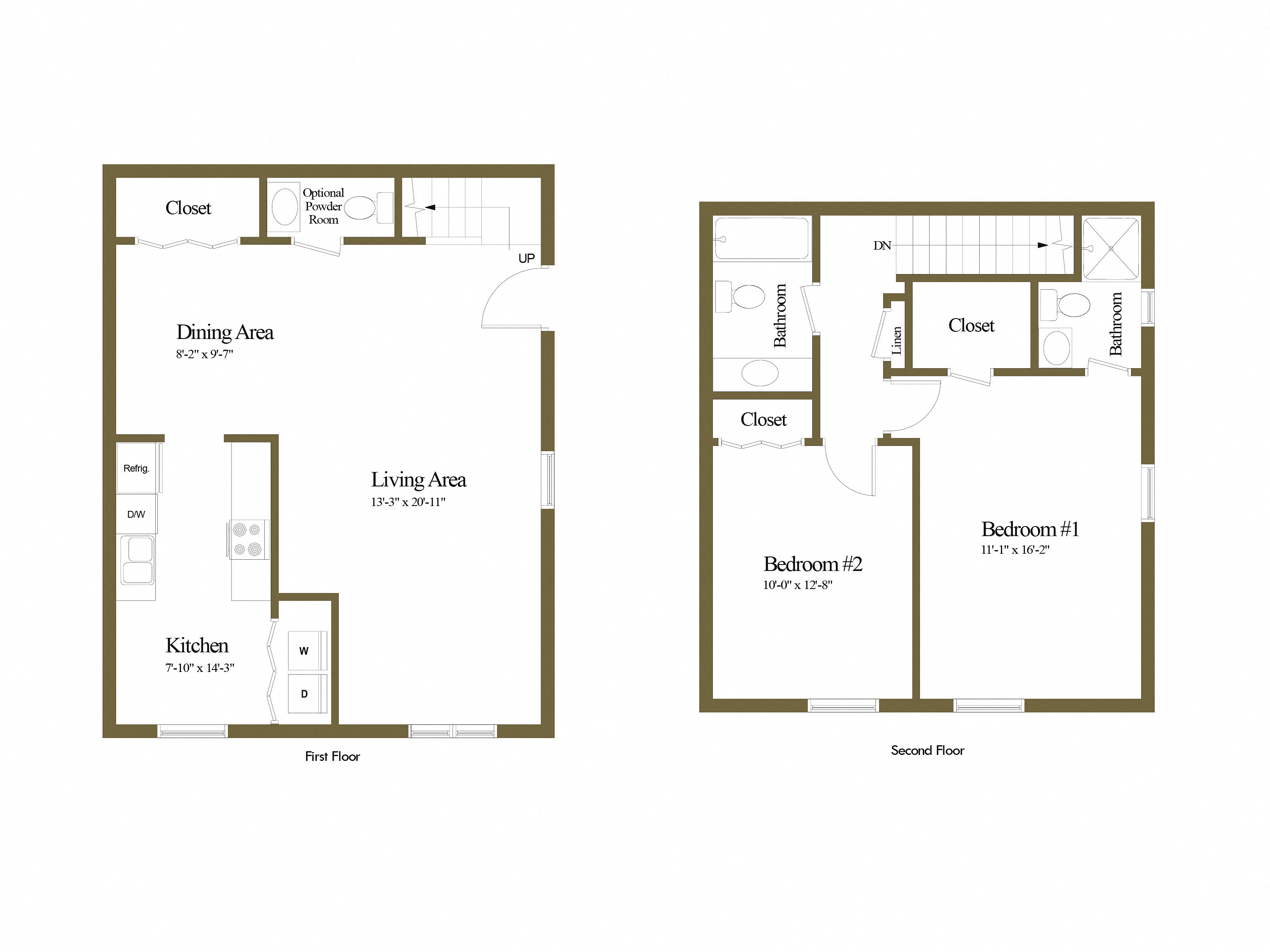 2 bedroom 2.5 bathroom end unit floor plan at Spring Hill Townhomes in Parkville, MD
