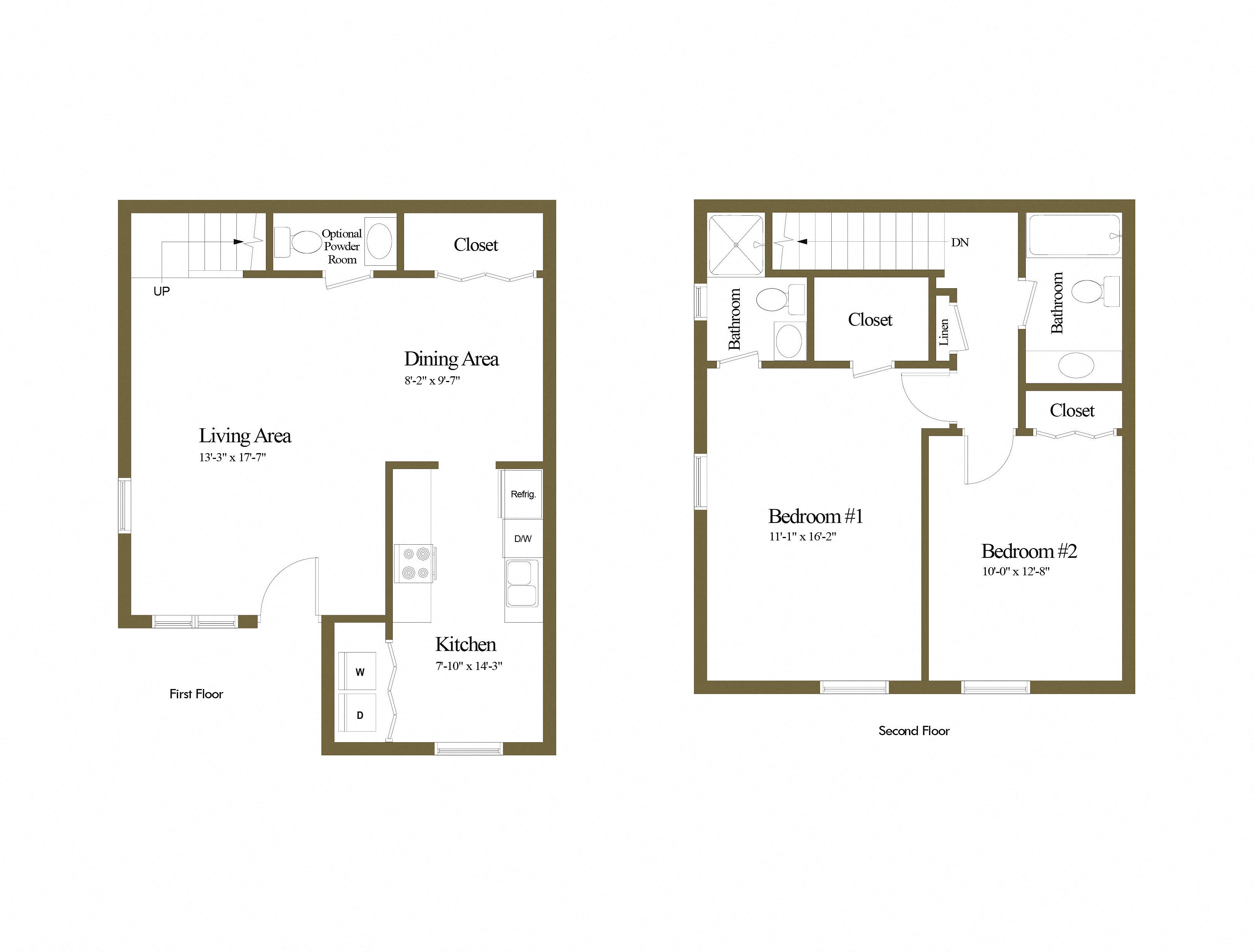 2 bedroom 2 bathroom inside unit floor plan at Spring Hill Townhomes in Parkville, MD