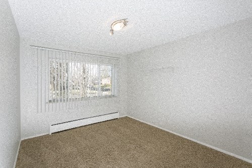 an empty living room with a window and carpet