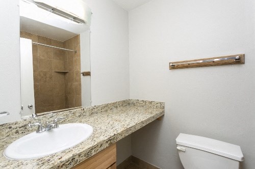a bathroom with a sink toilet and a mirror