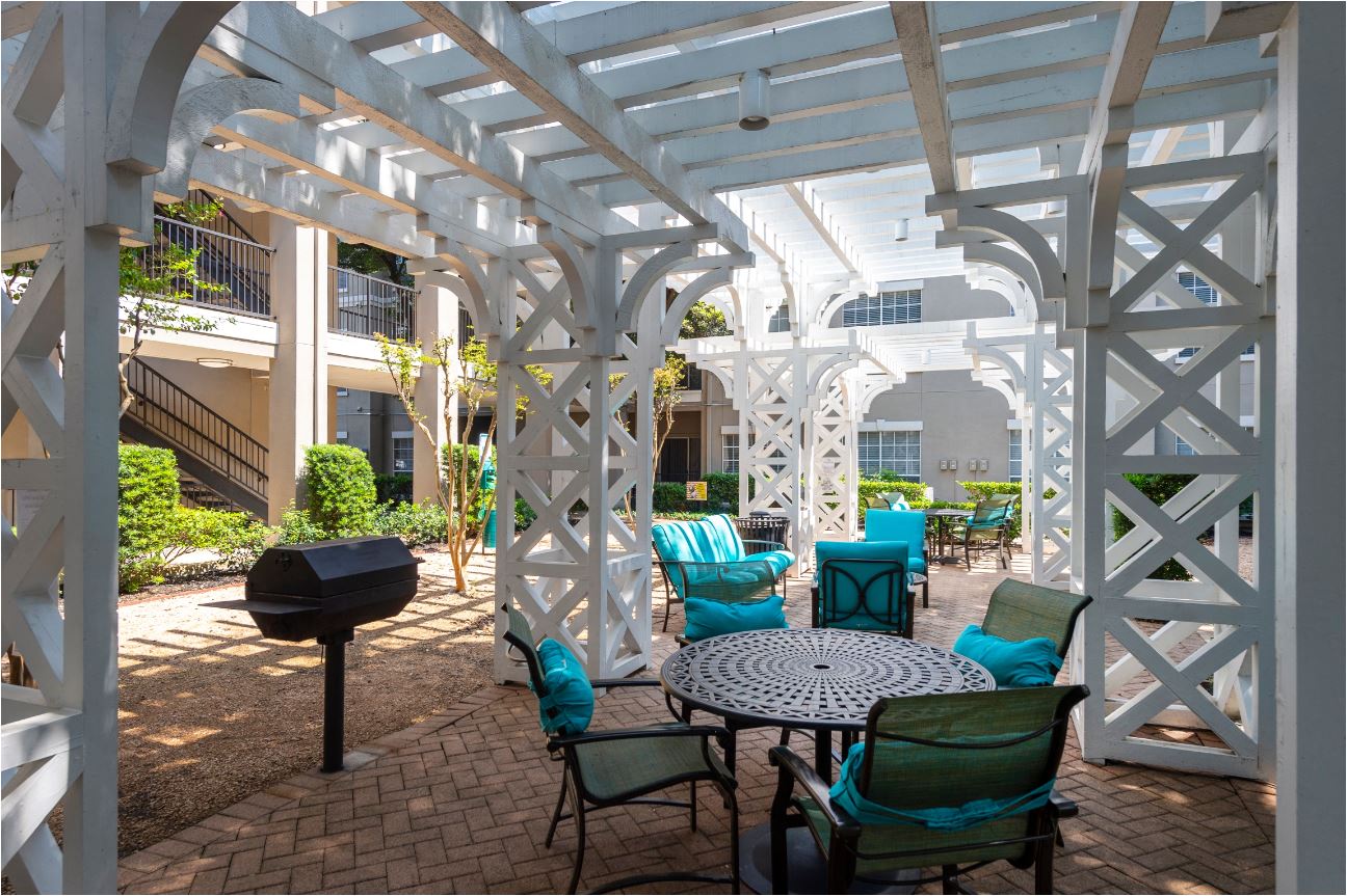 a covered patio with a table and chairs and a grill