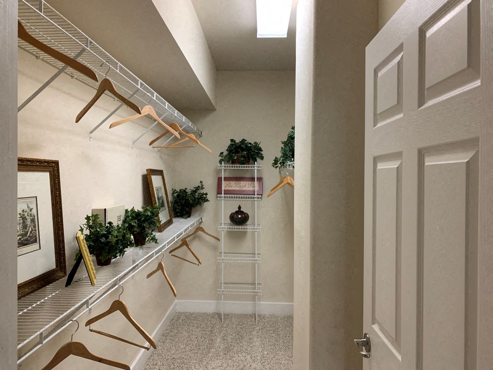 a walk in closet in a home with shelves and a ladder