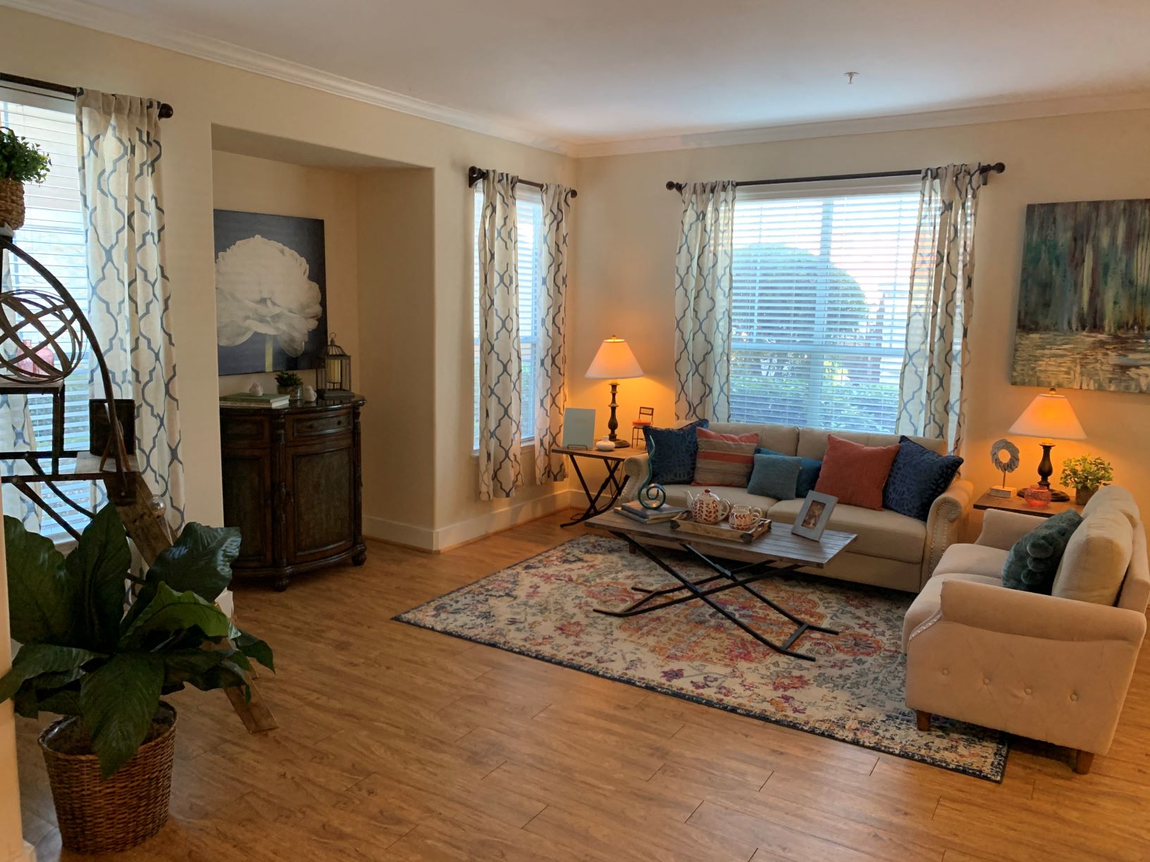 a living room with a couch and a table