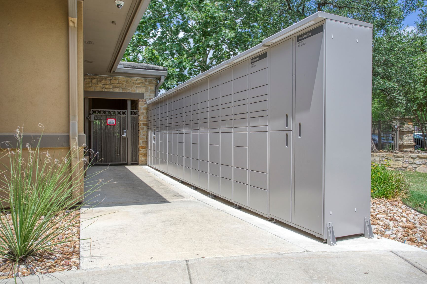 a garage door in front of a building