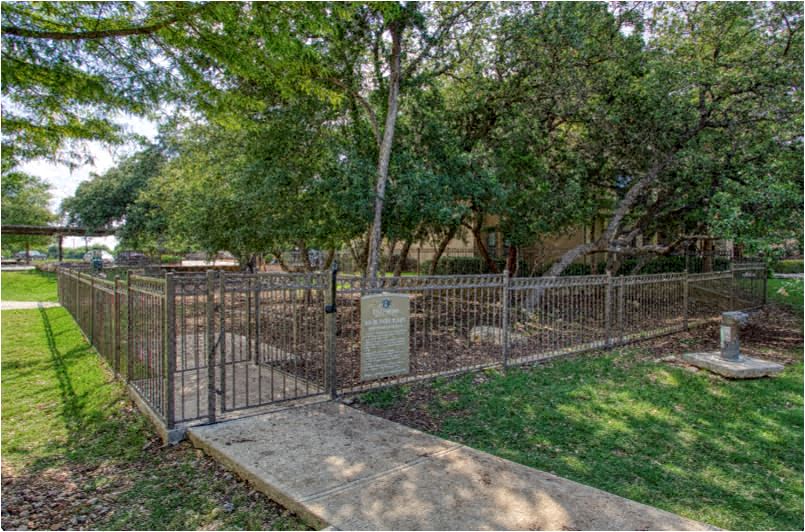 a fenced in area in a park with trees