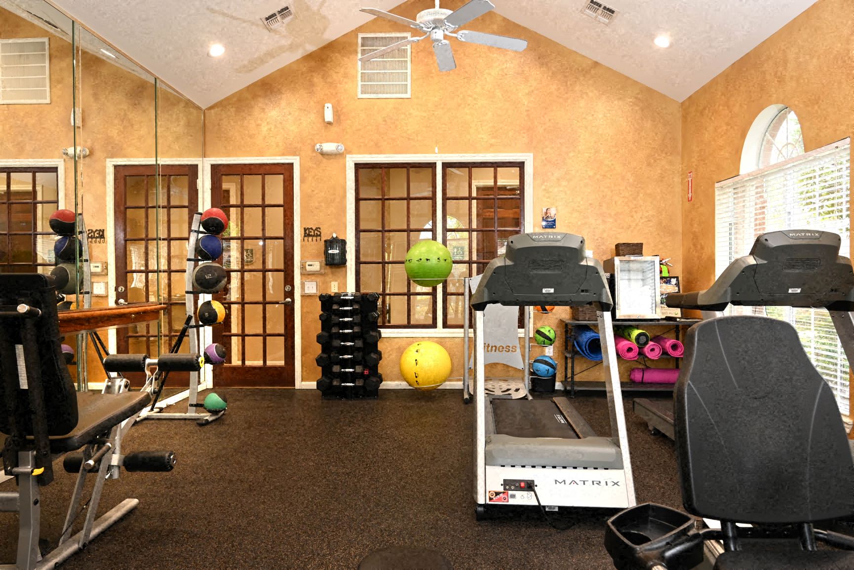 a home gym with weights and cardio equipment