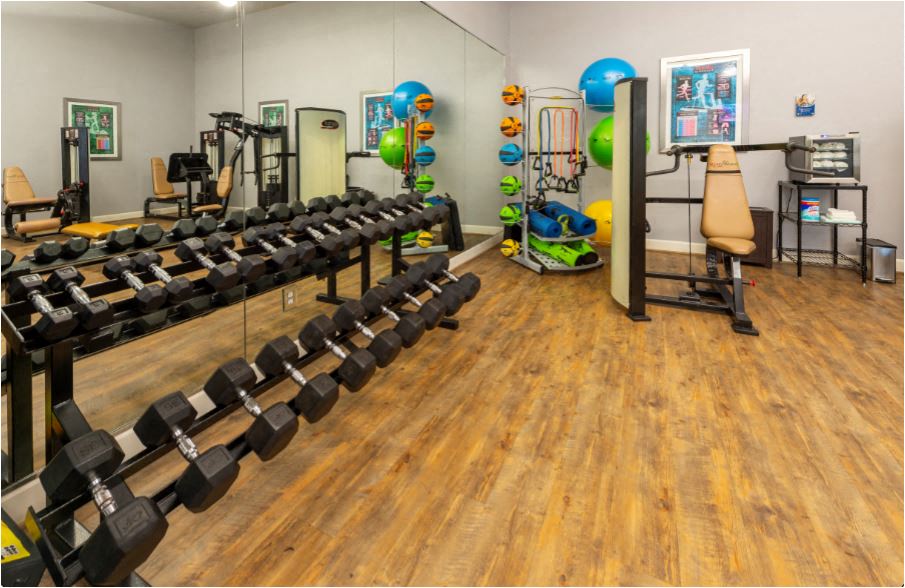 a full view of the weights room at the gym