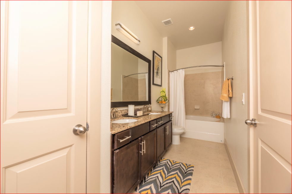 a bathroom with a sink and a mirror and a shower