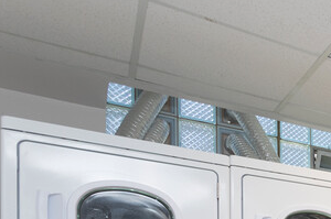 a washer and dryer room with a row of white washing machines