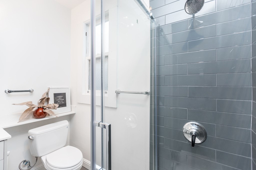 a white bathroom with a shower and a toilet
