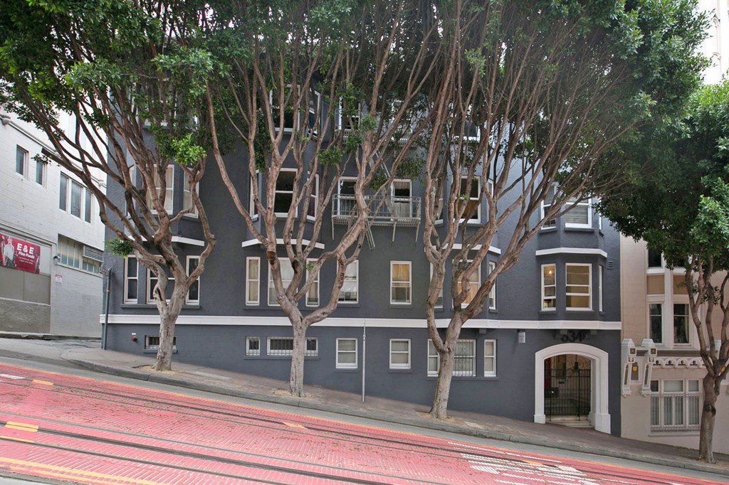 A grey building with trees in front of it.