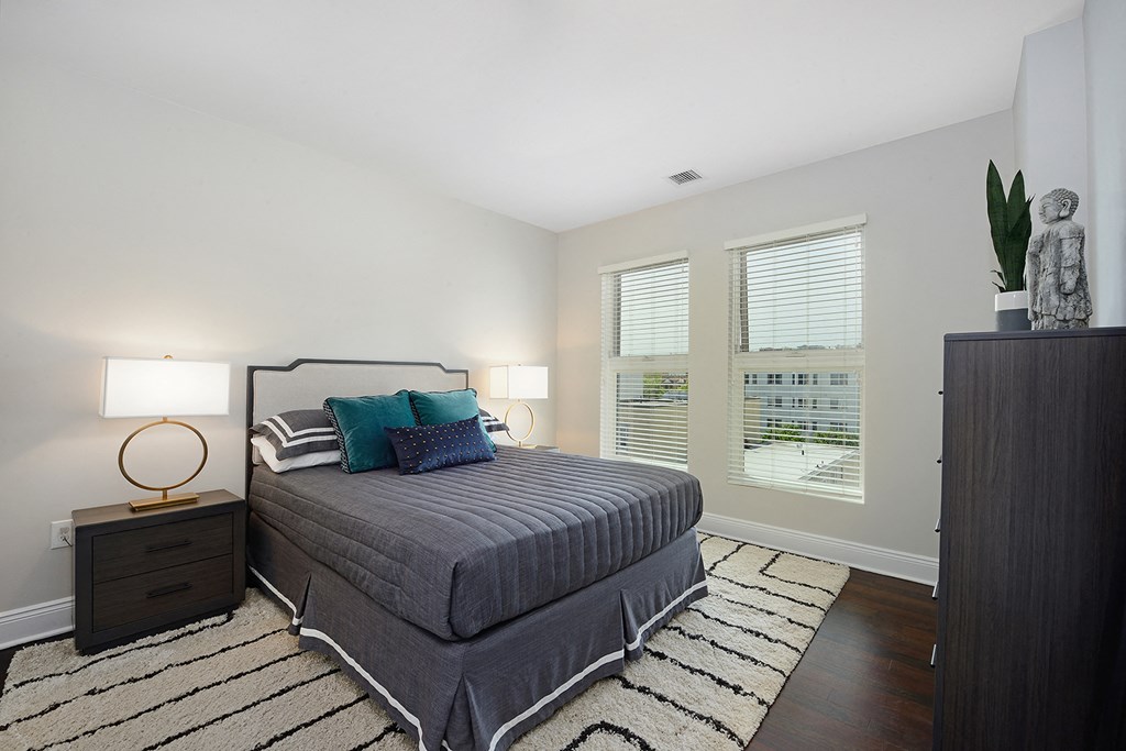 a bedroom with a bed and a rug