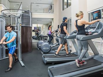 Four People Working Out in 24-Hour Fitness Center with Treadmills and Elliptical Machines at The Bartram Apartments in Gainesville, FL