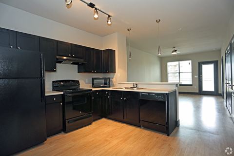 an empty kitchen with black appliances and black cabinets