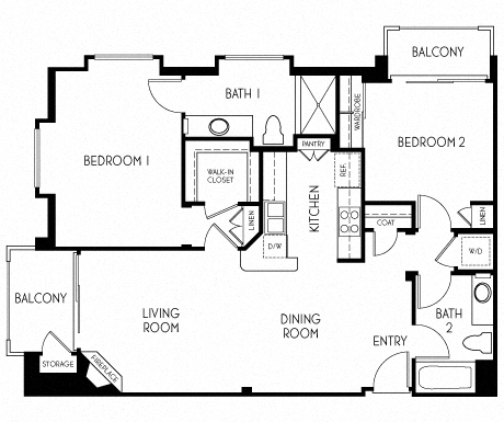 2 bedroom 2 bathroom Floor plan B at The Adler Apartments, Los Angeles, CA