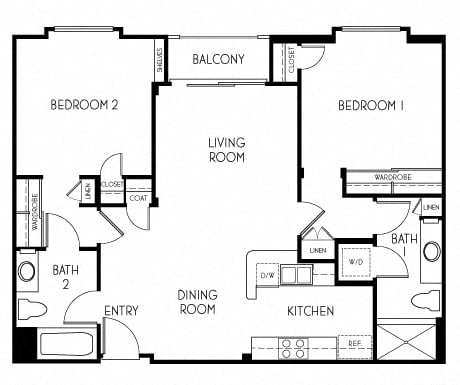 2 bedroom 2 bathroom Floor plan C at The Adler Apartments, Los Angeles, 90025