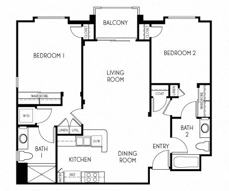 2 bedroom 2 bathroom Floor plan F at The Adler Apartments, California