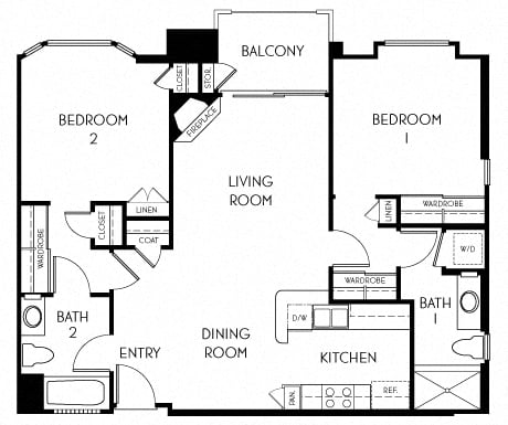 2 bedroom 2 bathroom Floor plan A at The Adler Apartments, Los Angeles, CA