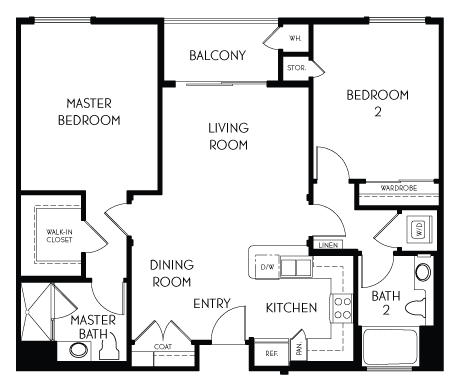 2 bedroom 2 bathroom Floor plan H at The Adler Apartments, Los Angeles