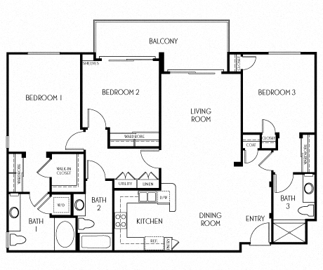 3 bedroom 3 bathroom Floor plan E at The Adler Apartments, Los Angeles