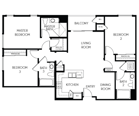 3 bedroom 3 bathroom Floor plan A at The Adler Apartments, Los Angeles, 90025