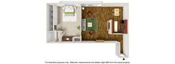 a small apartment with a bathroom and a desk