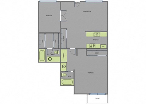 2 Bedroom Floor Plan at Riverside Villas Apartments, Valley Village, California