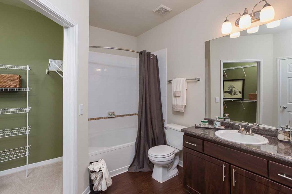 a bathroom with a shower toilet and sink and a mirror