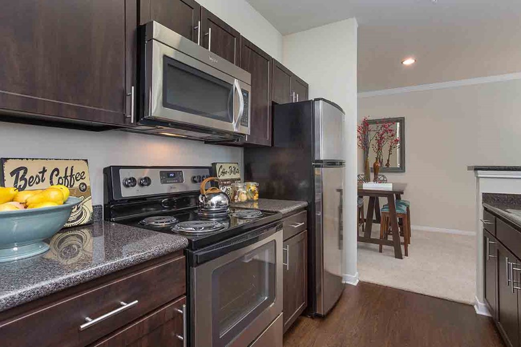 a kitchen with stainless steel appliances and black cabinets