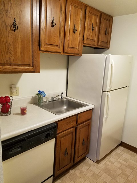 a small kitchen with a sink and a refrigerator